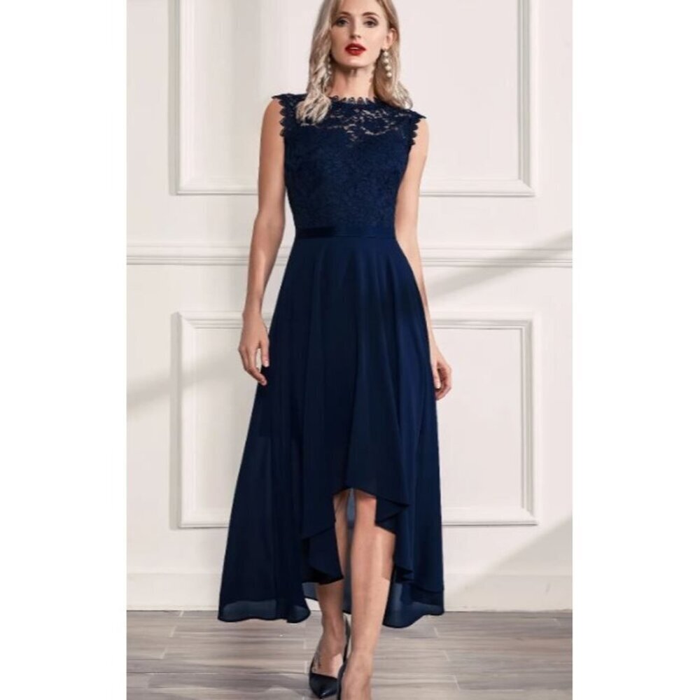Miusol Women's Retro Lace Contrast Chiffon Ruffle Evening Maxi Dress Large Navy